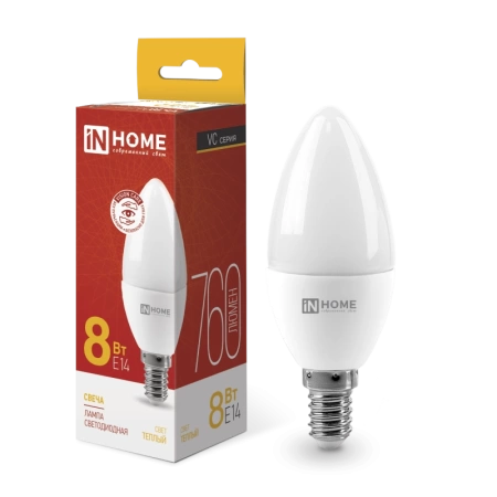  Лампа светодиодная   8Вт Е14 теплый свет, свеча /20426/ *